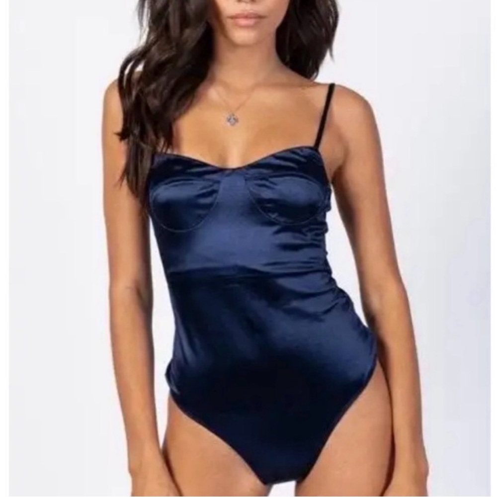 Princess Polly Navy Satin Spaghetti Strap Bodysuit